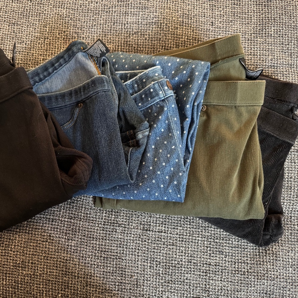 Hue Leggings in Black, Navy, Blue Dots, Olive Green and Black Corduroy, Size M.